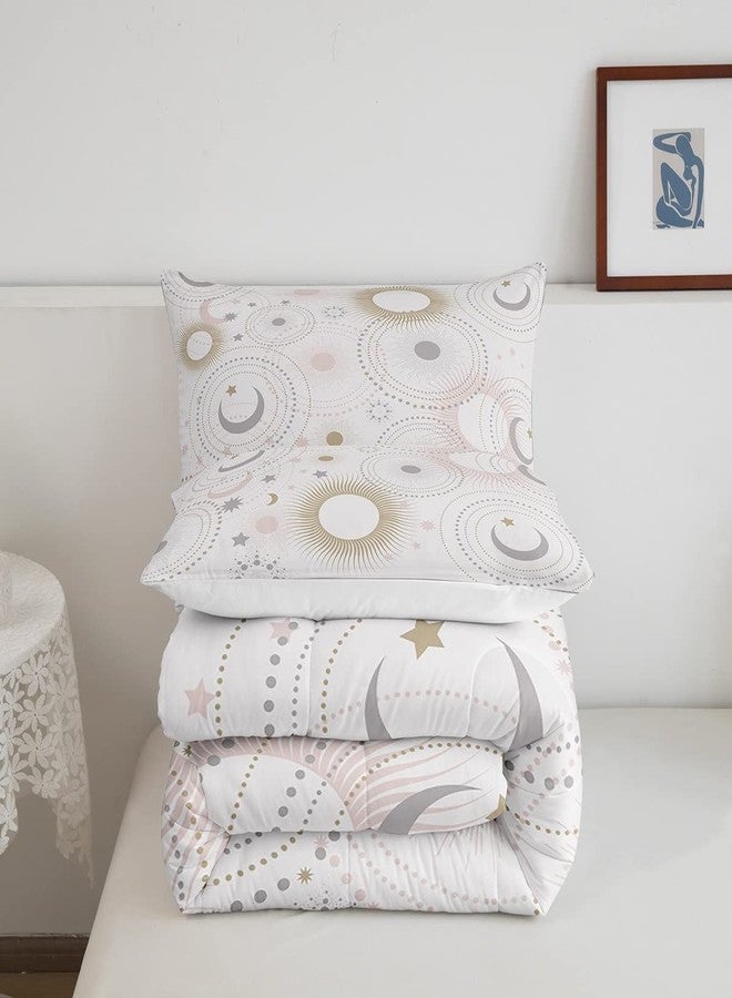 Homewish Stars and Moon Comforter Set Full Size,Pink Golden Grey Shiny Planets Bedding Comforters for Girls Teens,Romantic Galaxy Universe Polyester Quilt Set with 2 Pillowcases,Chic - Image 4